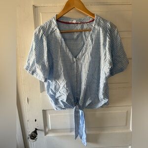 Jane and Delancey Light Blue Checkered Tie-Front Blouse